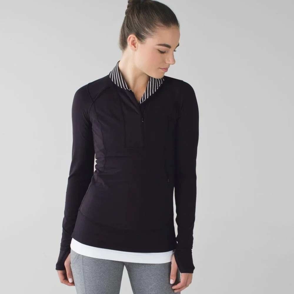 Lululemon Think Fast Half Zip Pullover Women 8 Black Striped Collar Thumbholes